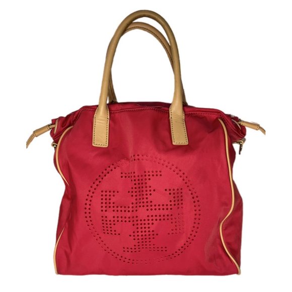 Tory Burch Handbags - SOLD Tory Burch Red Nylon & Leather Perforated Logo Drawstring Hand Bag Tote